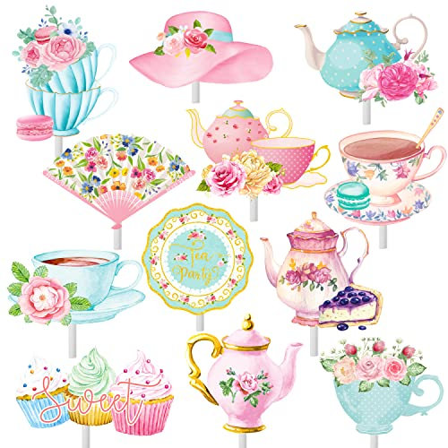 36Pcs Tea Party Cupcake Toppers Teapot Cupcake Toppers Floral Tea Themed Birthday Party Cake Picks Afternoon Tea Decorations for Baby Shower Supplies