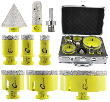 Foret Diamant Kit Trepan Carrelage - 9pcs (20/25/35/50/68/100mm+20mm Fraise Diamant+50mm Mèches de Chanfrein+Adaptateur) pour Carrelage Céramique Porcelaine Marbre Granit M14 Filetage SANLEETEK