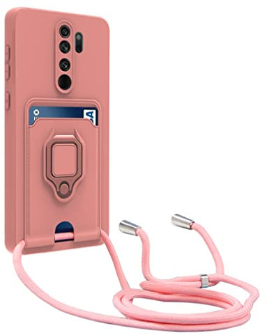 Dllatui Handyhülle Kompatibel mit Xiaomi Redmi Note 8 Pro Halsband Lanyard Silikonhülle,Drehbarer Ständer mit Kartenfach Necklace Hülle (Pink)