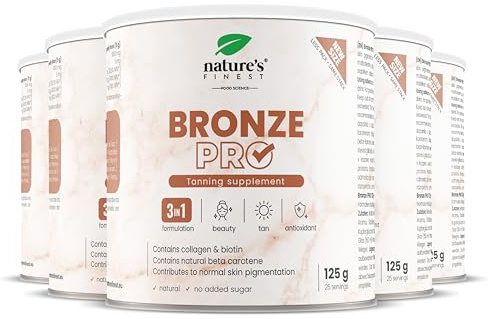 Nature's Finest Bronze PRO, Trinkpulver 625 g (5er Pack) | Trinkpulver mit Beta-Carotin, Kollagen, Kupfer, Biotin & Vitamin C - tropischer Geschmack, mit Stevia