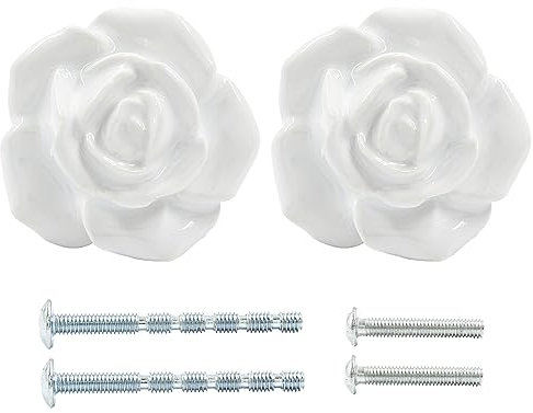 Bonsicoky Lot de 2 poignées de tiroir en forme de rose blanche en céramique pour tiroir, armoire, commode, placard, porte