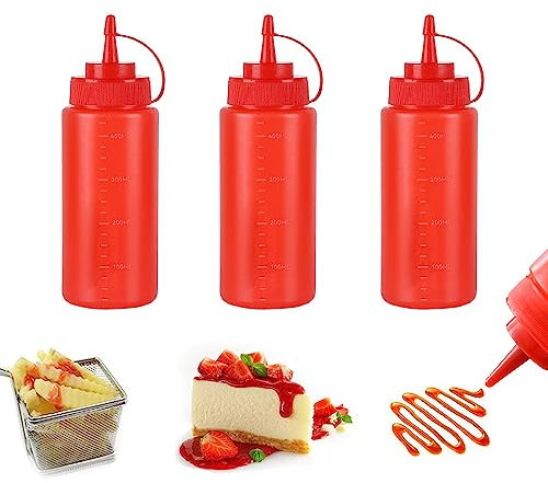 SKYPRO 3 Pack Red Plastic Squeeze Bottles 16 oz Condiment Squeeze Bottles Multipurpose Squirt Bottle for Ketchup Oil Jam BBQ Sauce Dressing Grilling Crafts Syrup Dispensers