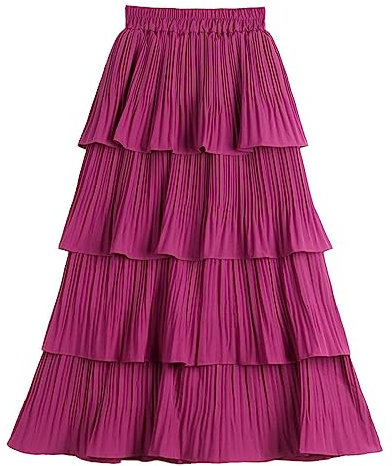 Gonne A Ruota,Gonna Longuette Con Volant A Strati Retrò Da Donna Fucsia Gonna A Pieghe Elastica A Vita Alta Altalena A Trapezio Elegante Gonne Lunghe Eleganti A Strati Increspati Per Ragazze Signor