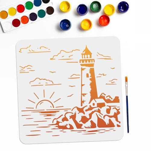 MAYJOYDIY Pochoir nautique en forme de phare - Avec pinceau - Motif soleil, nuage, côte, récif, vagues - 30 x 29 cm - Réutilisable - Pour murs, travaux manuels, toile, papier