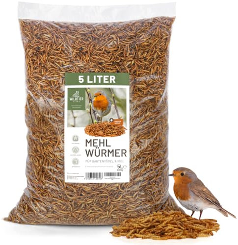 wildtier liebe Edel Mehlwürmer getrocknet 5L I Getrocknete Mehlwürmer für Vögel & Igel I Insektensnack, Vogelfutter, Igelfutter - Premium Insektenfutter für Wildvögel
