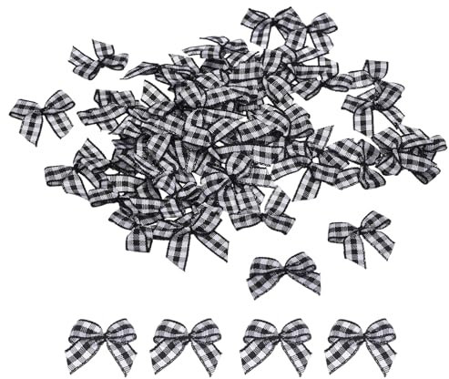 QUARKZMAN 100 Stück Mini Schleifen 25mm Karierte Stoff-Satinband Klein Weihnachtsschleifen Vintage Bogen zum Basteln DIY Haar Geschenk Nähen Hochzeit Geburtstag Weihnachtsdeko, Schwarz Weiß