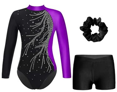 iEFiEL Mädchen Turnanzug Langarm Gymnastik Trikotanzug Glänzende Turnen Set Klassisch Gymnastikanzug Kinder Tanzbody Zd Lila Schwarz 158-164