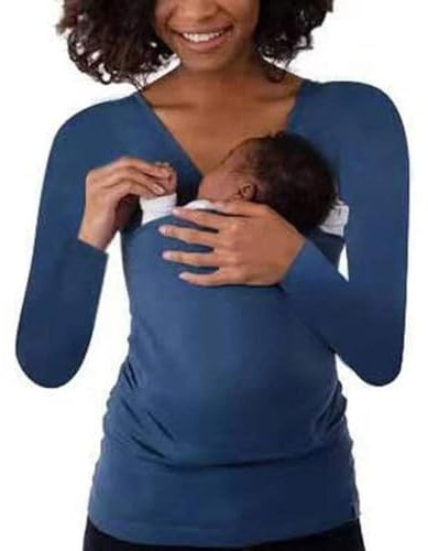 hxoity Porte-bébé Pour Femme Mère Kangourou Nouveau-nés T-shirts Sous-vêtements En Coton Extensible Avec Poche Avant (Color : Blue, Size : S(small))