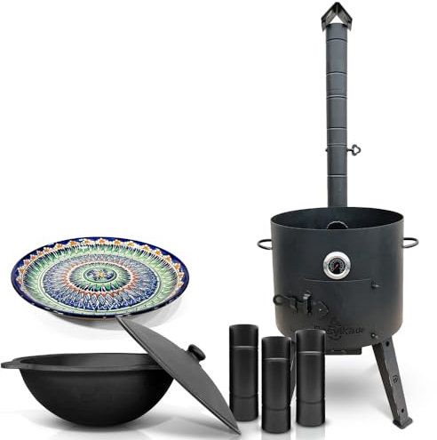 Feuerofen Ø 44 cm 2 mm Stahl Utschak Uchag mit Thermometer Usbekische Kazan 16 L Verlängerungsrohr Казан Lagan Ø 37 cm (Set 1)