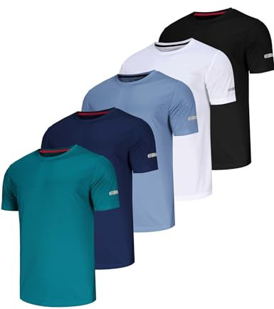Herren T Shirt 5er Pack Fitness Outdoor Läuft T-Shirts Schnelltrocknend Polyester Baseball Tennis Shirt Männer Atmungsaktiv Basic SportT Shirts Set-Schwarz/Weiß/Navy/Haze/Grün-XL