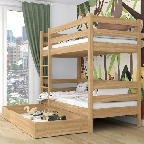N-wood N01 Etagenbett mit Schublade, Hochbett 90x200 cm, aus Eichenholz, 2 Leitermontageseiten: Links oder rechts, abgerundete Kanten, Stabile Massivholzkonstruktion, inklusive Lattenrost, Natureiche