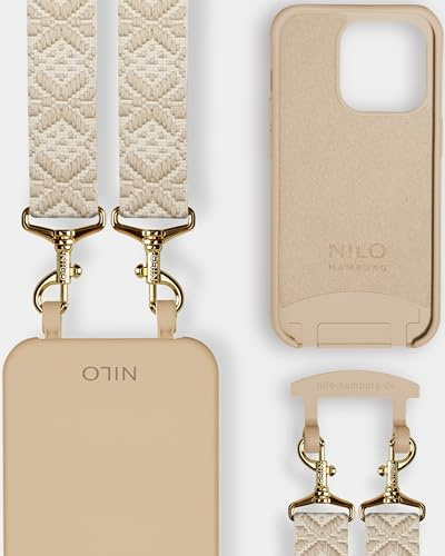 NILO® Set | Handyhülle mit Band, Handyband Beige Mattatang mit nudefarbener Handyhülle für iPhone 15 Pro Max | hochwertige Handykette, verstellbar, mit Karabiner Gold