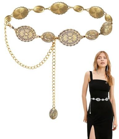 Yuqilin Damen Mode Kettengürtel, Waist Chain Taillenanhänger, Metall Bauchkette Kette, Western Gürtel Cowgirl Geeignet, für Kleider Jeans Pullover, 125 CM/49.2 in (Gold