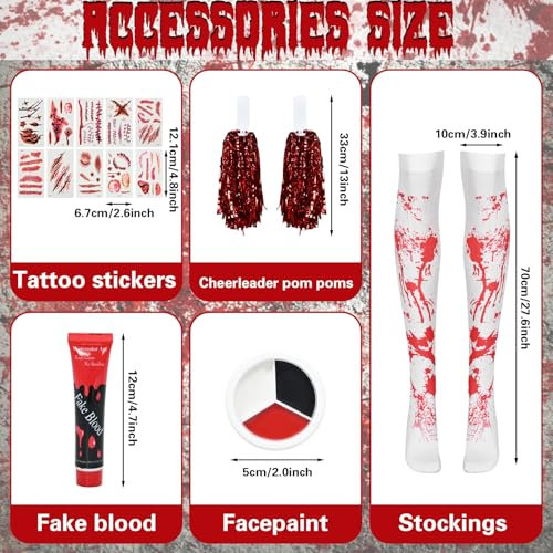 HarnyLoom Cheerleader Costume Kids Adults Zombie Cheerleaders Dress Girls Women Outfit Bloody Pom Poms Stickers Dead Spooky Halloween Parties Dress Up
