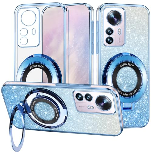 Yarxiawin für Xiaomi 12 5G Hülle Silikon Transparent Glitzer Magnetisch Aesthetic, Kompatibel mit Magsafe Handyhülle für Xiaomi 12 5G mit Ständer Schutzhülle Stoßfest (Blau)