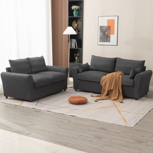 Panana Modern 2 and 3 Seater Linen Fabric Sofa, Comfy Couch with Under Storage, Dark Grey, 150 x 80 cm (2 Seater), 180 x 80 cm (3 Seater)
