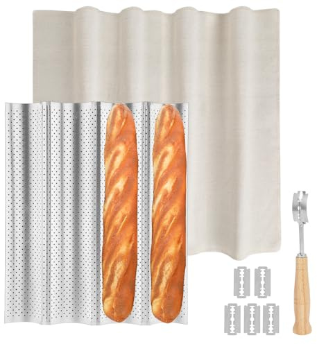 Spmarkt Silbernes französisches Baguette-Brotbackblech-Set, Antihaft-Baguette-Backblech mit Gärtuch, Brotklinge zum Backen