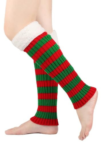 Whakano Gestreifte Beinwärmer Damen mit Plüsch Spitzenbesatz,Lange Stricken Stulpen,Beinwärmer Winter Stulpen für Damen,Leg Warmers für Motto Party Fasching Karneval Party-Kostüme Cosplay,Rot Grün