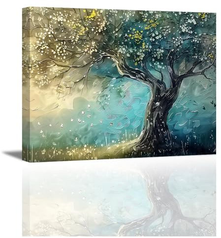 Piy Painting Impression Sur Toile Arbre, Peinture Sur Toile Colorée Jaune Et Bleue, Art Mural Sur Toile Nature Botaniquel Pour Salon Chambre à Coucher Bureau Cuisine, 30x40 CM, Avec Cadre En Bois