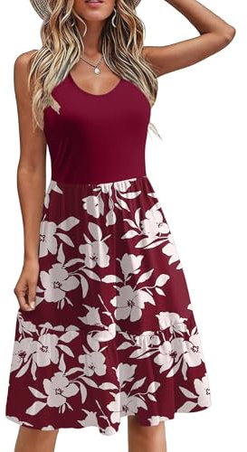 Zeagoo Kleid Damen Knielang Ärmellose Kleider Elegant Luftige Sommerkleider A-Linie Blumenkleid Freizeitkleid mit Taschen Weinrot L