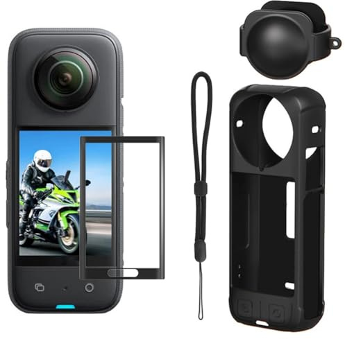 YEHOLDING Kit accessori 4 in 1 compatibile con Insta 360 X4 con custodia in silicone e coperchio dell'obiettivo, pellicola protettiva antigraffio (nero) per accessori insta360 X4