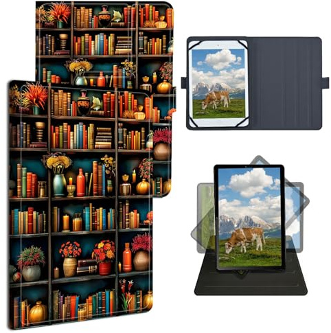 Dikoer 7.9 8.0 8.4 8.7 Universal Case for Kindle/Kobo/Surface/Tolino/Galaxy/Onn/TCL Tablet, Adjustable Silicon Band Shockproof TPU Protective PU Leather Cover for 7-9 Inch, Library