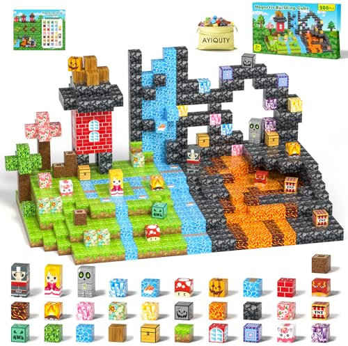 AYIQUTY Magnetic Building Blocks for Kids, 208PCS Magnetic Cube Set, 34 Elements Tiles Games, Educational Toy Gift for 3 4 5 6 7+ Year Olds Boys Girls