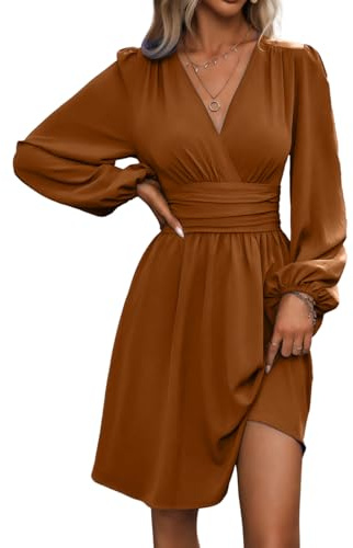 Mini Robe Femme Col V Elegant Manches Longues/Courtes Robes A-Line Casual | Robe Chic et Elegant Manches Lanternes Printemps été automne hiver pour Fête Noël Mariage