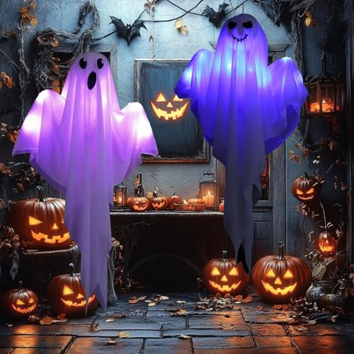 LMSHOWOWO 2PCS 60cm Halloween Deko Geist, Hängende Geister mit LED Licht, Gruselige Geist Windsack Hängende Dekoration, Halloween Deko Outdoor, für Party Terrasse Garten Veranda Patio Rasen Vorgarten