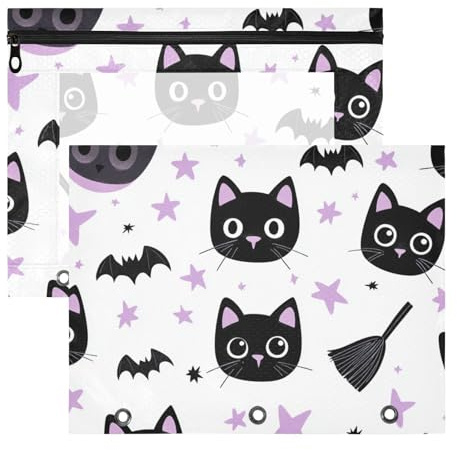 WDdZzyy Lot de 2 dossiers de chauve-souris de dessin animé - Noir - Pour Halloween - Chat - Chauve-souris - Portable - 3 anneaux - Pour papier A4 - Lettres - Fournitures scolaires
