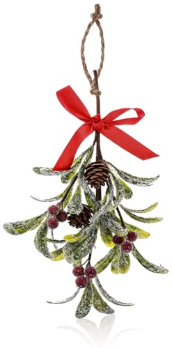 MBAIYO Ramo di vischio natalizio con fiocco rosso, rametto di vischio artificiale da appendere pigne vischio ramo di vischio bacche rosse foglie secche scintillanti albero di Natale accessori