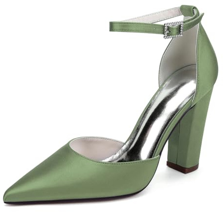 LRMYMHY Chaussures De Mariage en Satin À Bretelles De Cheville pour Femmes Talons À Talons Blocs Talons De Mariée À Bout Pointu,Teal,41 EU