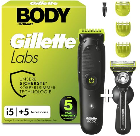 GilletteLabs Body + Intimate, i5 Körpertrimmer und Rasierer | Rasierset, entworfen für Körper, Gesicht und Intimbereich, Zubehör für unterwegs, 3 Aufsätze, Reiseetui