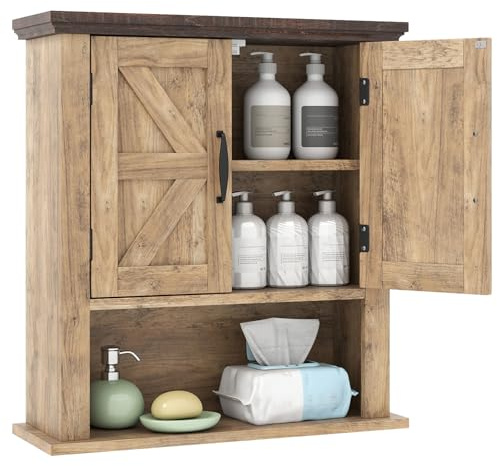COSTWAY Armoire Murale Salle de Bain, Meuble WC Suspendu avec 2 Portes, Étagère Réglable, Compartiment Ouvert, Style Ferme, Placard de Rangement pour Toilette, Salon, 55 x 19 x 60 cm (Naturel)