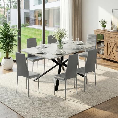FURNITABLE Esstisch mit 6 Stühlen Essgruppen,Rechteckig Tisch Ausziehbar und 6er Set Esszimmerstühle Sitzgruppe für Wohnzimmer Küche Büro,120-160cm(Tisch+6 Dunkelgrau Stühle)