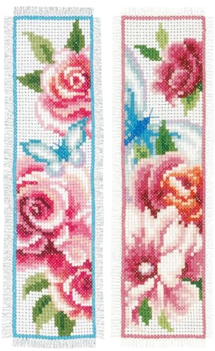 VERVACO Lesezeichen Kreuzstich Stickpackungen Gezählter Kreuzstich Blumen 2er DIY Set Erwachsene Sticken Lesen Zubehör Geschenk Zählmusterpackung ca. 6 x 20 cm Stickset für Anfänger