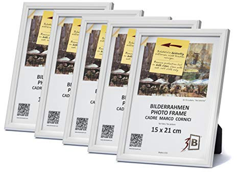 3-B Lot de 5 Cadres JENA - blanc - 15x21 cm (A5) - cadre photo en bois exotique avec verre acrylique