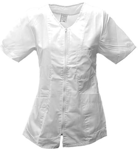 Kittel, Bluse, Arbeitskleidung für Kosmetikerin, Friseuse, Schönheitssalon, Massagesalon, mit Reißverschluss, aus Baumwolle M Bianco