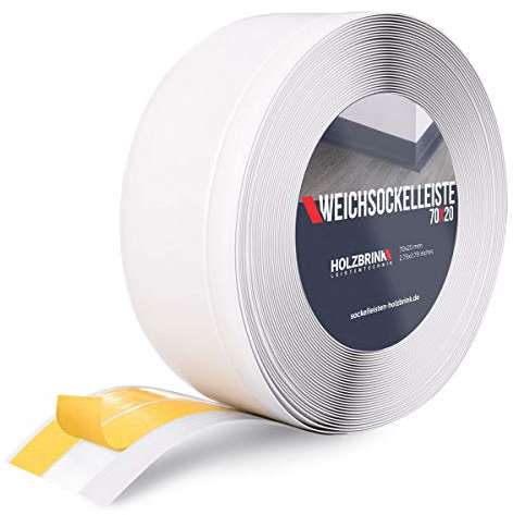 HOLZBRINK Weichsockelleiste selbstklebend PVC 70x20mm, 10 m | Winkelleiste selbstklebend für Kantenschutz | Sockelleiste Ecken PVC | Farbe: Weiß