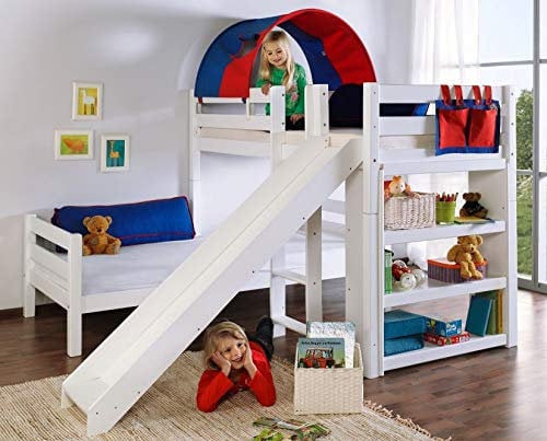 Froschkönig24 Etagenbett mit Rutsche Beni L Kinderbett Spielbett Bett Weiß Stoff Blau/Rot, Matratzen Oben/unten:mit 2X Matratze