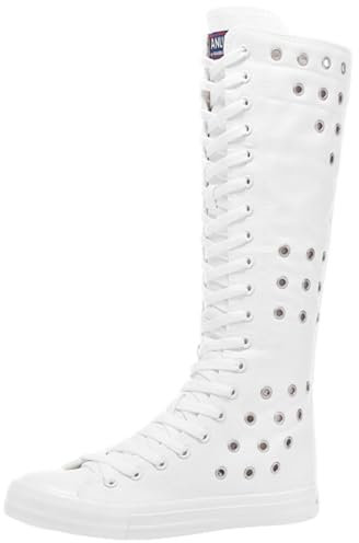 Jamron Ragazze Donna Moda Ginocchio Alta Allacciare Tela Stivali Puro Bianco Zip Stivali di Danza Occhielli SN813 EU42