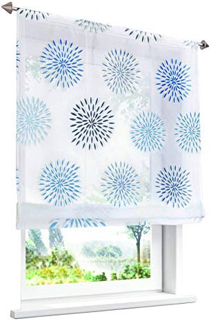 1 Stück Raffrollo mit Kreis-Motiven Floral Design Raffgardine Voile Transparent Vorhang (BxH 120x140cm, Blau mit Tunnelzug)