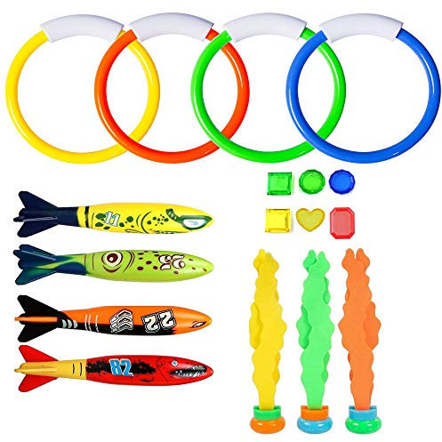 17 Piezas Juguete de Buceo,Juguete para Piscina Submarina,3 Piezas Algas de Buceo, 4 Piezas Círculos de Buceo, 4 Piezas Torpedos de Buceo, 6 Piezas Gemas de Buceo.