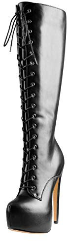 Only maker Damen Schnürstiefel Sexy Stiletto Plateau Langschaft Stiefel Reißverschluss Lederoptik Schwarz 43 EU