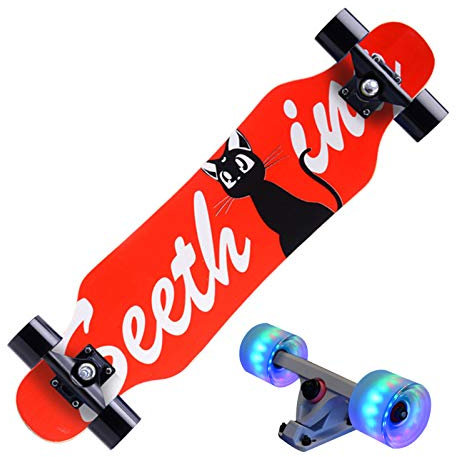 DFWYG 31 x 8 Skateboard 7 Lagen Maple Wood Deck Skateboard, Komplettes Cruiser Skateboard mit Farbenfrohen LED-Leuchträdern für Erwachsene Kinder Teenager Anfänger,Red cat