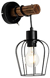 Qazqa Landhaus Verstellbare Wandleuchte, Wandlampe - Stronk - Schwarz, Rund, Holz, max. 60W, Geeignet für LED, 13.8cm, Ideal als Küche lampe, Schlafzimmerlampe und Wohnzimmerlampe