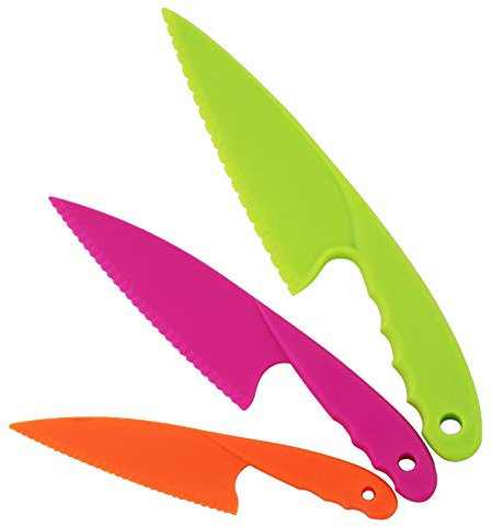 QincLing 3 Teiliges Kinderküchenmesser Set, Kindersichere Messer aus Kunststoff Sichere Nylon-Kochmesser Kinder Messer Kochen Küchenmesser in 3 Farbe für Blattsalat, Salat, Kuchen, Brot, Gemüse, Obst
