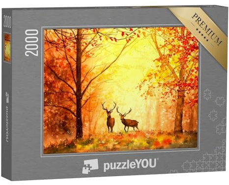 puzzleYOU: Puzzle 2000 Teile „Aquarell von einem Hirsch, Herbstwald“ – aus der Puzzle-Kollektion Gemälde, Kunst & Fantasy
