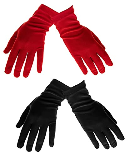 ECSiNG 2 Pair Short Satin Gloves Tea Party Halloween Costume Gloves Women's Gown Gloves Opera Wedding Banquet Dress Glove for Party Dance 22cm Black and Red