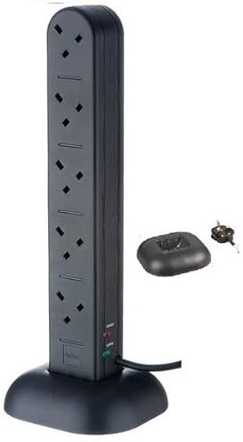 Modaleo - Tower Extension Lead 10 Way with Surge Protection, 10 Gang Multi Plug Extension Lead Tower With UK Socket and 2m Black, white Extension Lead (10-way gang tower 2m black)
